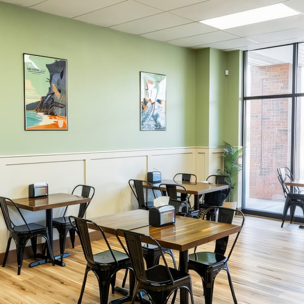 Legends Pacific Island Grill dining room with light green walls, wooden tables, and black chairs.